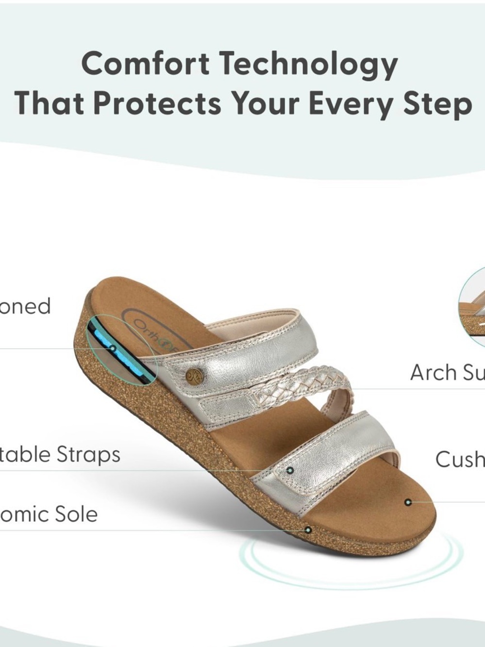 Ortho Feet Metallic Silver Slide Sandals 1.5” Heel Leather Braided Strap 7 Wide - Picture 5 of 15